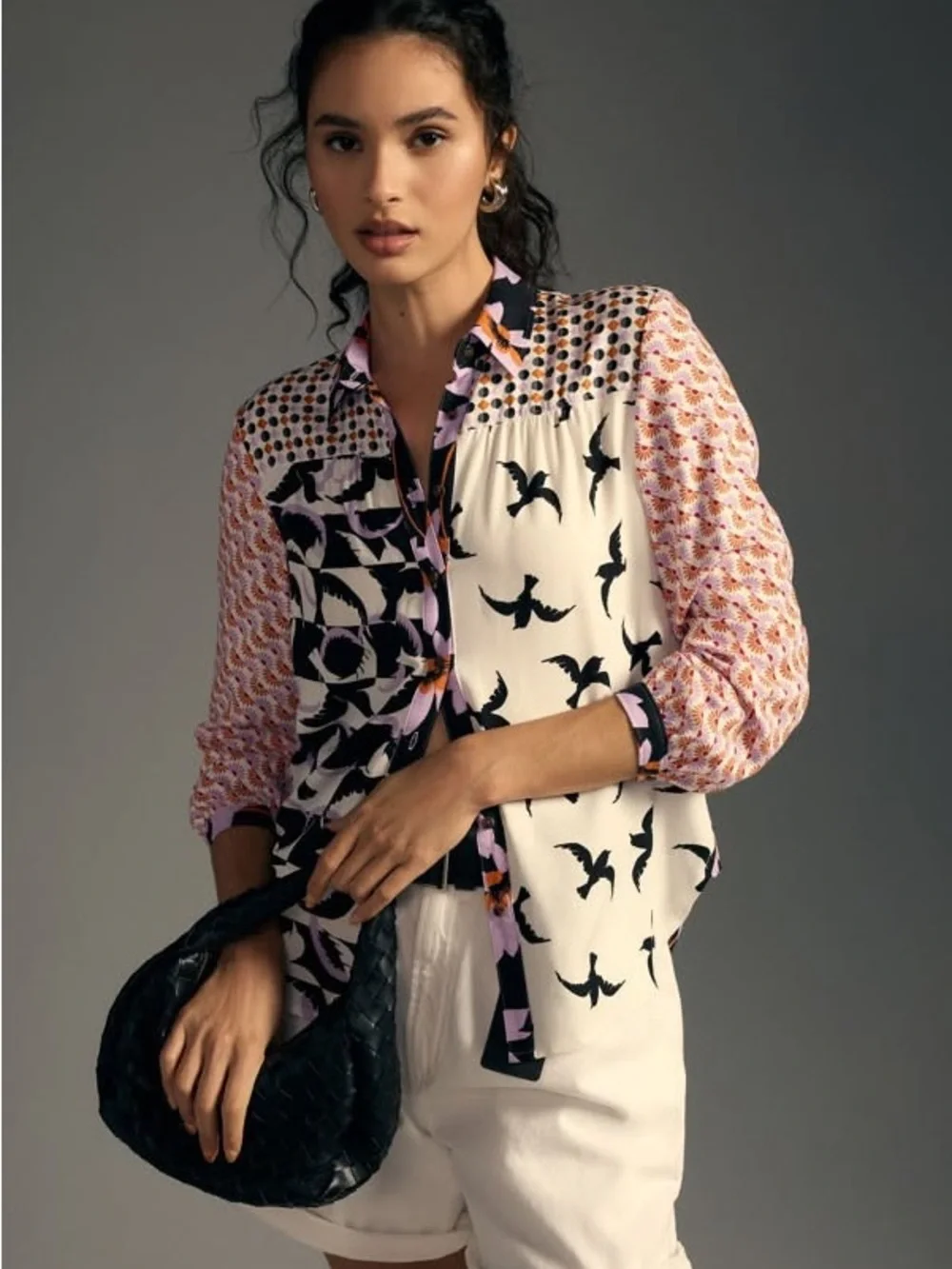 Anthropologie Maeve Paz Mixed Print Button Down Shirt Birds Floral Geometric XS